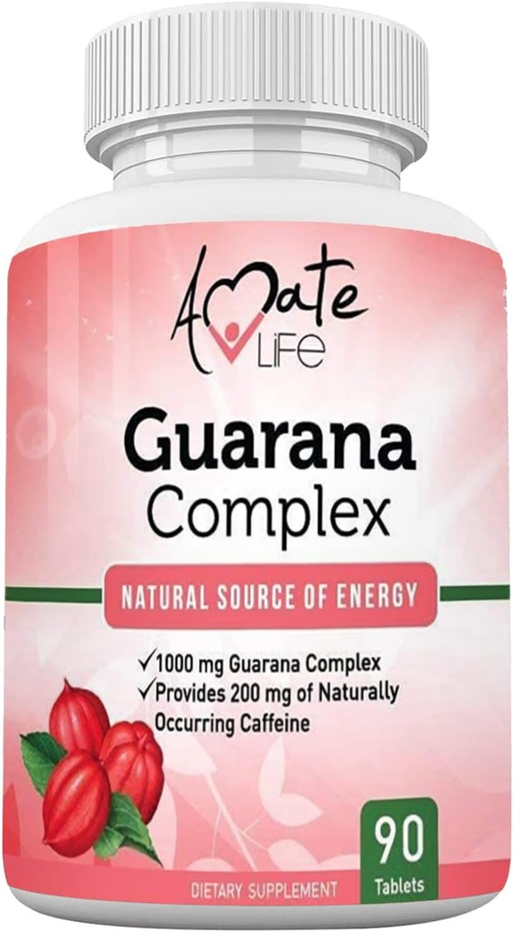 Amate Life Guarana Complex - Guarana Complex Energizer - Suplement do zasilania kofeiny - Źródło energii - Zwiększenie funkcjonalności umysłu Suplement - 1000mg guarany - 90 Tabletów