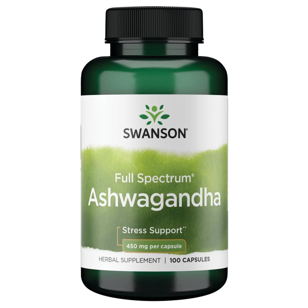 Swanson Ashwagandha Powder Supplement - Ashwagandha Root & Aerial Parts - Promotes Stress Relief & Energy - Ayurvedic Supplement for Natural Wellness (100 kapsułki, 450mg każdy)