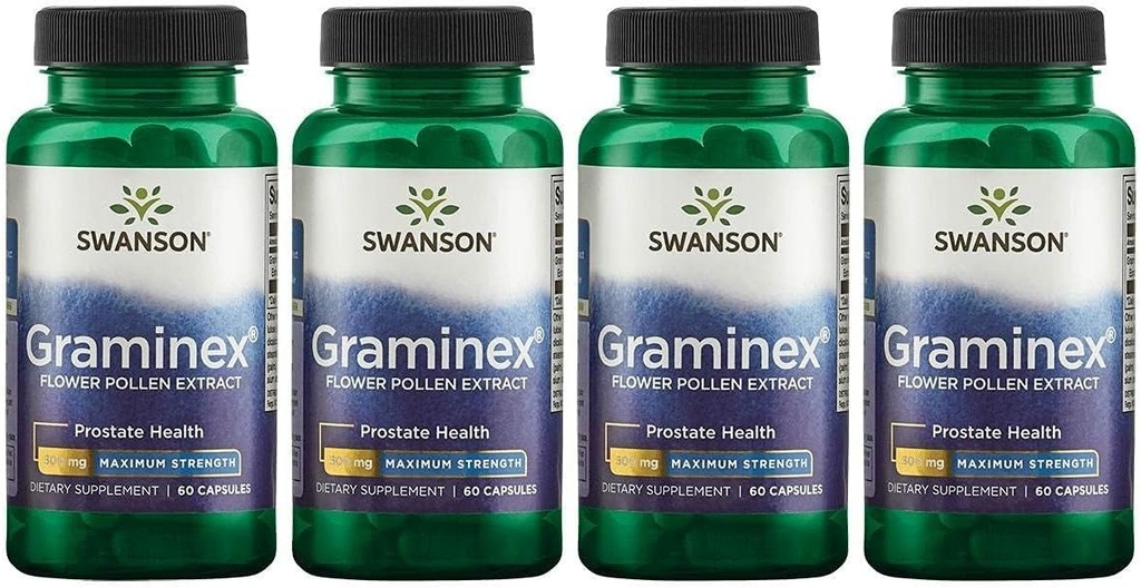 Swanson Maksymalna moc Graminex Flower Pollen Extract - Wspiera zdrowie prostaty, funkcje Traktu moczowego i Nerki Health - Mens Health Supplement - (60 kapsułek, 500 mg każdy) (4 opakowania)