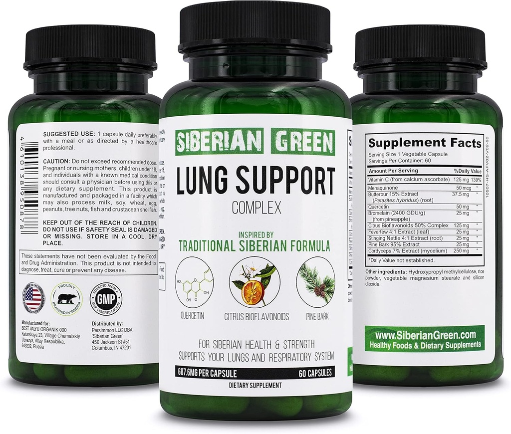 Syberyjski Green Lung Support Complex 60 Kapsułki - Tradycyjny suplement formuły bogaty w Quercetin, Citrus Bioflavonoids, Pine Bark