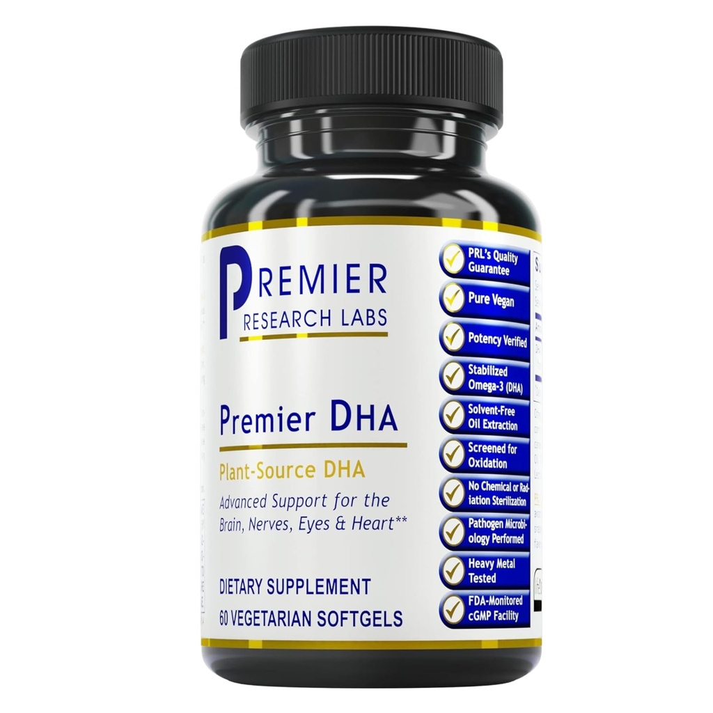 Premier Research Labs Premier DHA - Vegan DHA z Omega 3 Kwasy tłuszczowe, Algi oparte DHA dla kobiet i mężczyzn, Naturalny suplement DHA Nadaje się dla Vegans- 60 Kapsułki wegetariańskie Softgel