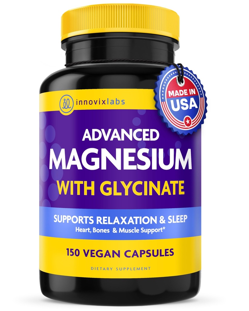 InnovixLabs Advanced Magnezu kapsułki - 150 Ct, 210 mg - Chelated Glicinate and Malate - Wysoka absorpcja, Promotes Relaxation, Kości, Zdrowie mięśni, Wegański Malenian Sleep Supplement