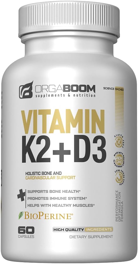 Witamina D3 K2 Suplement wapnia - Witamina D 5000 j. m. + Witamina K2 MK7 100 µg, Siła kości i suplementy zdrowia serca dla kobiet i mężczyzn, D3K2 Witaminy zębów z bioperyną, Niemodyfikowane genetycznie 60 Cap