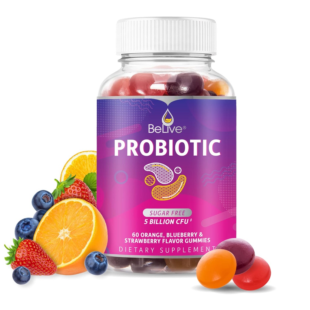 BeLive Gummies Probiotyczne - Probiotyki z 5 Miliard CFU na zdrowie pokarmowe, Mężczyźni, Kobiety i Dzieci - na wsparcie immunologiczne, Cukier wolny & Wegan 124; 60 Ct - Blueberry, Truskawka i Pomarańcza