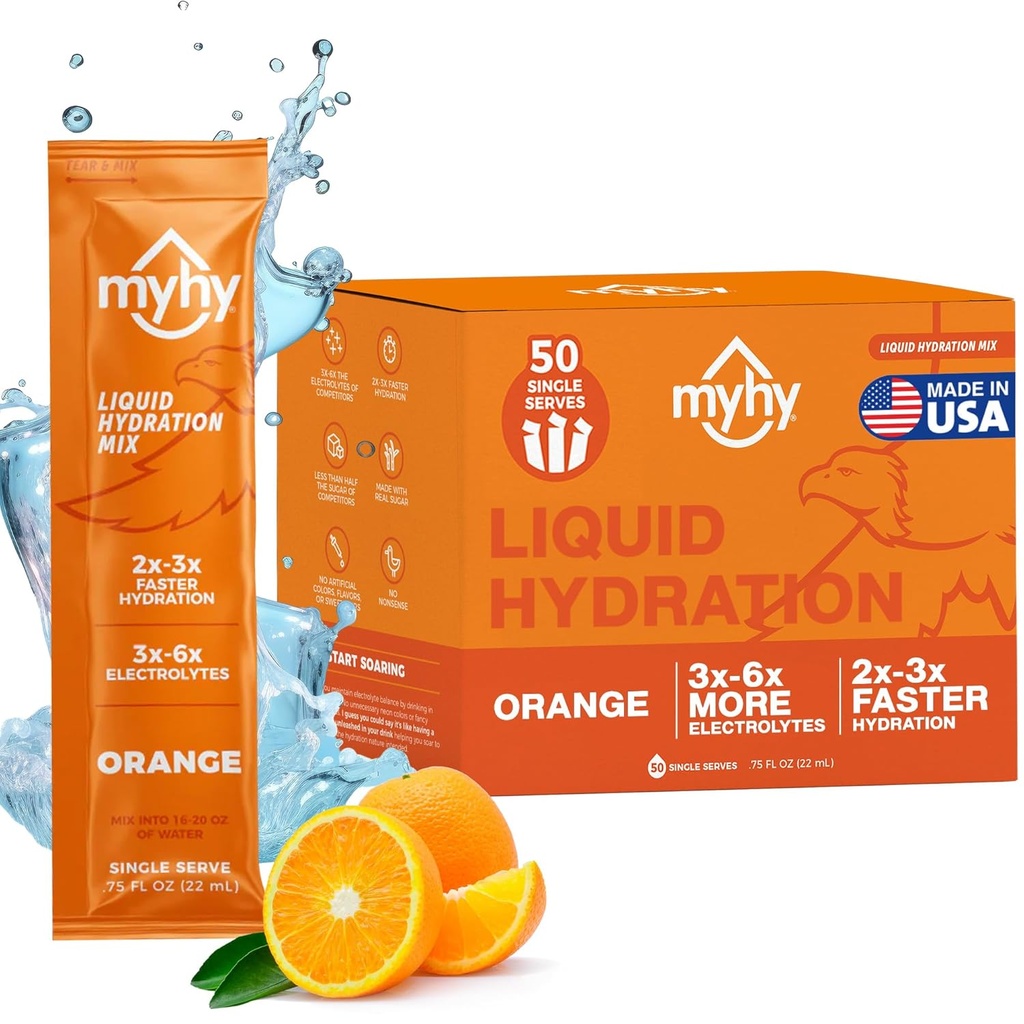 MyHy Płynne pakiety nawadniające, Electrolyte Drink Mix dla dorosłych i dzieci Hydration Support, Odwodnienie Ulgi dla podróży, Ciąża, Fitness, Bachelor & Bachelorette Party - Pomarańcza, 50 Hrabia