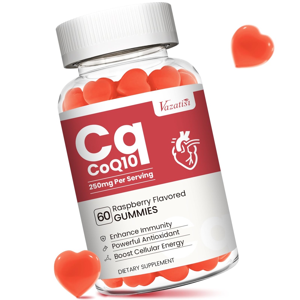 Wysoka absorpcja CoQ10 Gumies 250 mg, Plus Omega-3, Witamina B3 dla energii komórkowej, Mózg i przeciwutleniacz, 5X Lepsza absorpcja Koenzym Q10 Suplement, Malina Flavored - 60 Cts