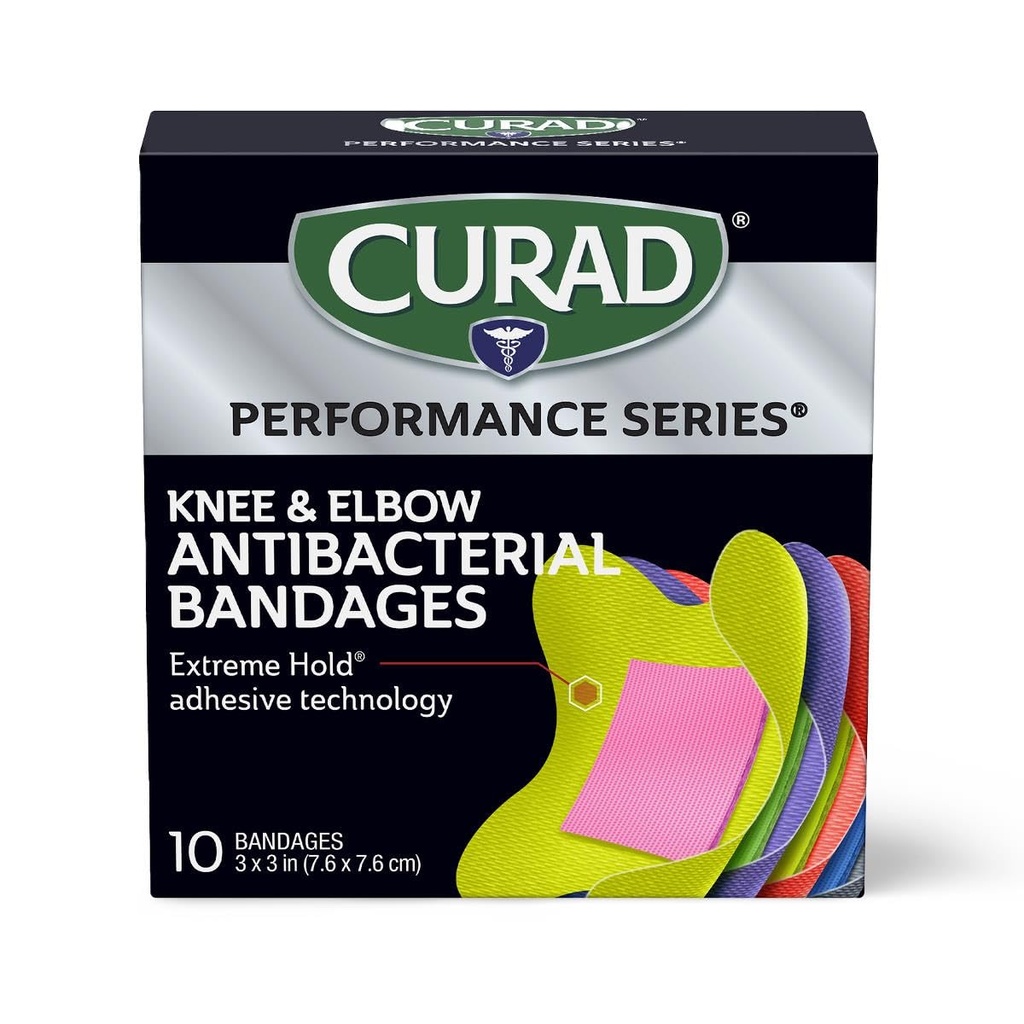 CURAD Performance Series IRONMAN Antybakteryjne Bandaże, Extreme Hold Adhesive Technology, Kolano i Łuk 3 cali x 3 cale, 10 Hrabia, Idealny do cięcia, Scrapes, Sport i Aktywne style życia