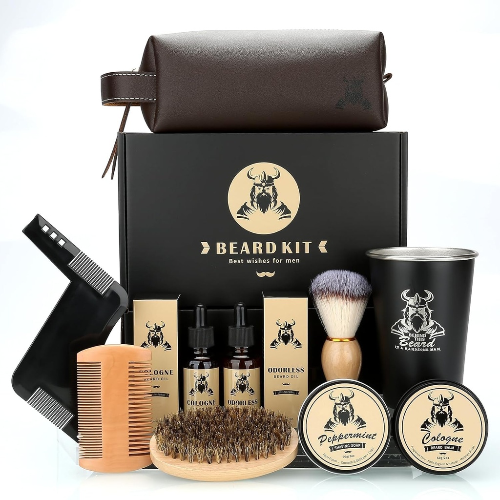 Broda Kit prezenty dla mężczyzn, Dzień Ojca prezenty urodzinowe dla mężczyzn Tata go, Grooming i przycinanie narzędzia Kompletny zestaw, Beard Care Kit z 2 Brody wzrostu oleju / Balm / Brush / Comb / Golenie Mydło / Puchar i worek