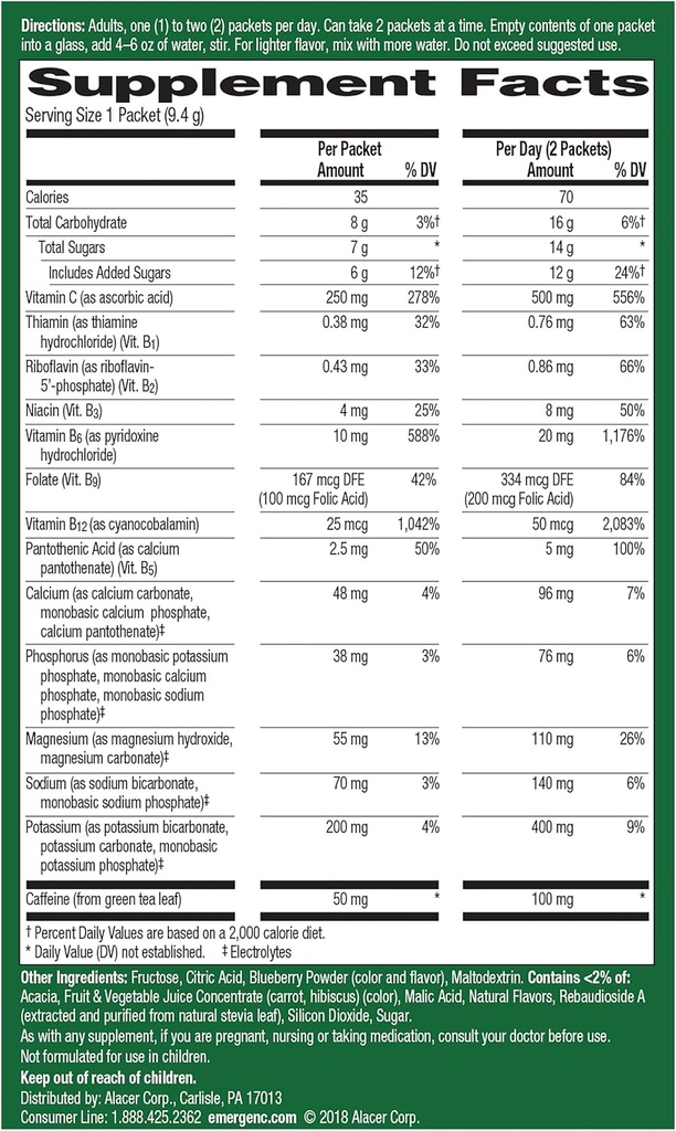 Emergen- C Energy +, Witaminy B, Witamina C i naturalna kofeina z zielonej herbaty (Blueberry Acai Flavor) Suplement diety Drink Mix, 0.33 Opakowania proszku Ounce (Opakowanie 18)