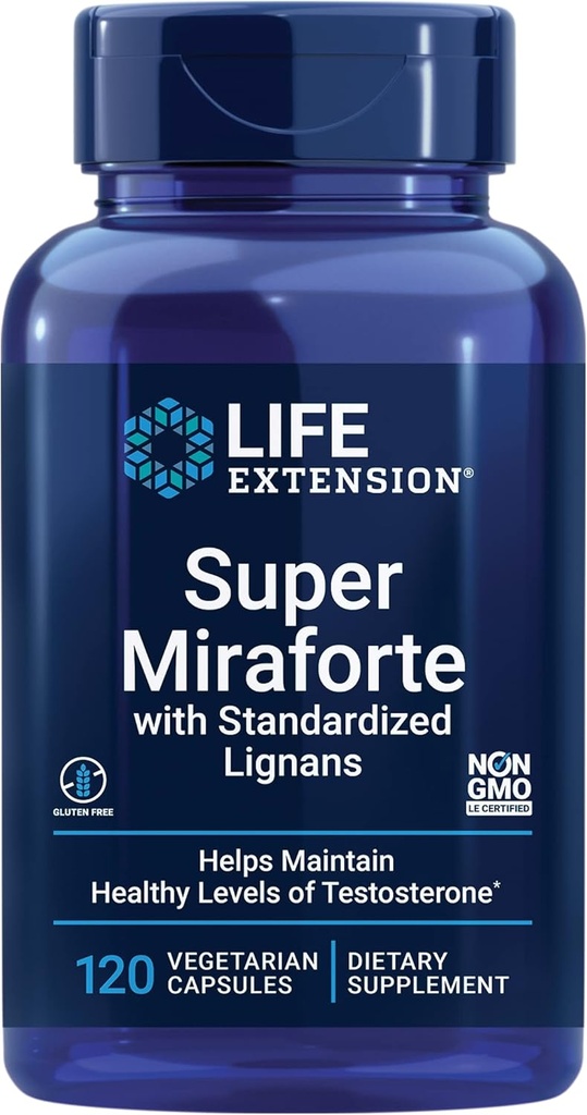 Life Extension Super Miraforte ze standaryzowanymi lignanami, chryzyna, Nettle Root, Muira puama, maca, cynk, Focused Formuła dla korzyści testosteronu, Wegetarianin, Gluten- Free, Non-GMO, 120 Kapsułki