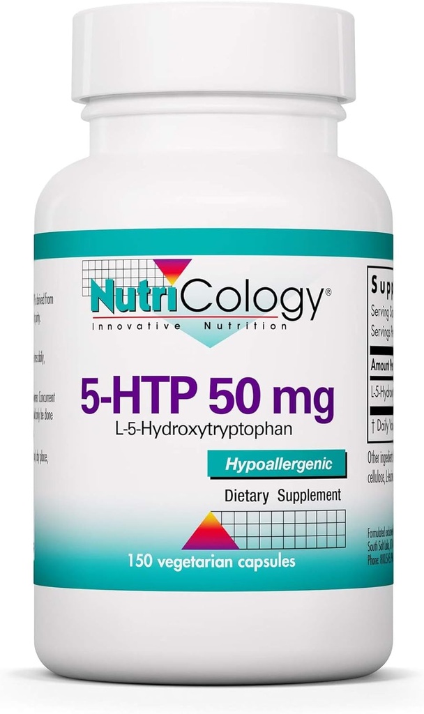 Nutricology 5- HTP 50mg Suplement - Serotonina dla mężczyzn i kobiet, Wsparcie snu, L- 5- Hydroksytryptofan, Czysty, Kapsułki wegetariańskie - 150