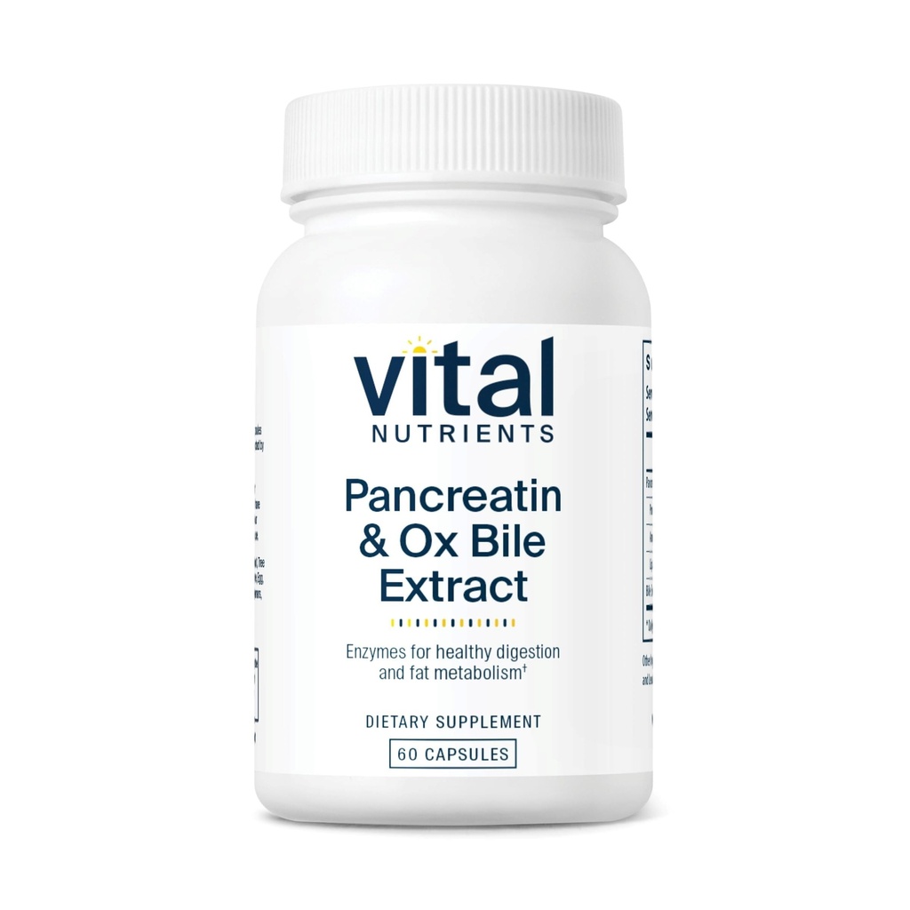 Vital Nutrigents Pancreatin & Ox Bile Extract 500mg < 124; Natural Digestive Enzymes for Women & Men < 124; Supports Destination of Protein, Fat, and Carbohydrates * < 124; Gluten, Dairy & Soy Free < 124; 60 kapsułki