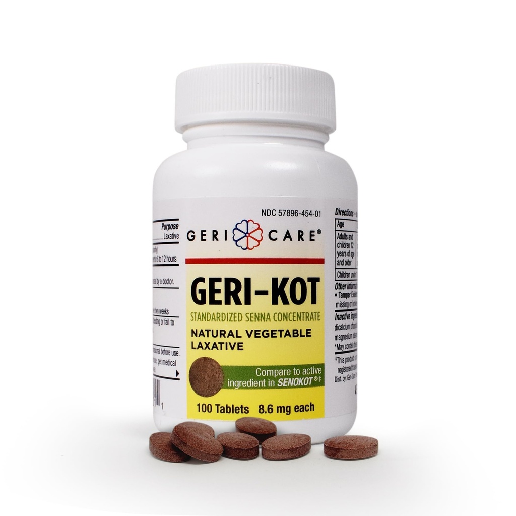 Geri- KOT Senna Laxative & Stool Softener Tablets, 100ct Between 124; Natural Vegetable Stimulant Laxative 124; Smooth Bowel Movel Movement Senna Tablets Between 124; Fast- Acting, Gentle Convestions Relief Between 124; 8.6 mg Sennosides Laxative