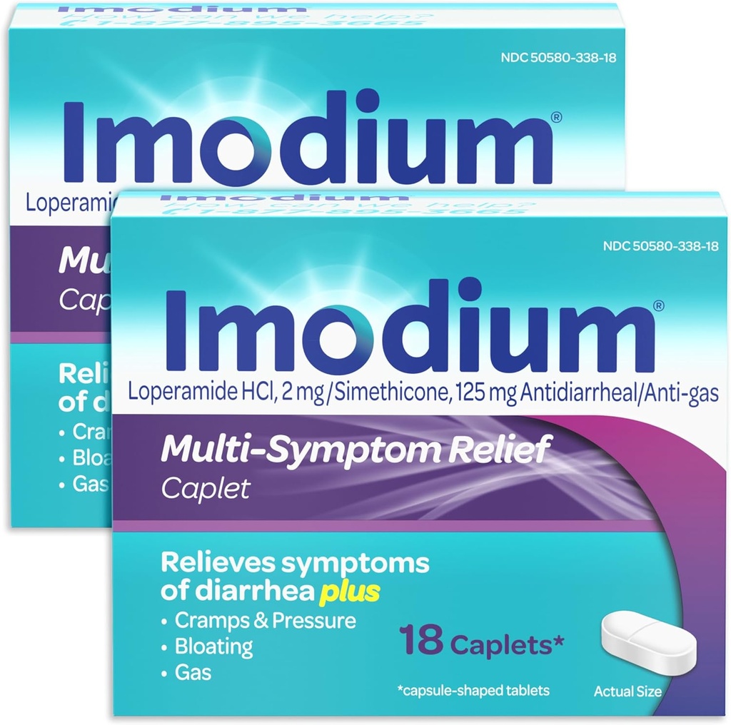 Imodium Multi- Symptom Relief Cappets with Loperamide Hydrochloride and Simeticone, Leki przeciwbiegunkowe do leczenia biegunki, gazu, wzdęcia, skurcze i ciśnienie, 2 opakowania