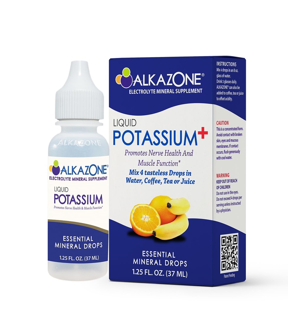ALKAZONE Potas płynny + 124; Suplementy płynne mają szybszy stopień absorpcji 124; koncentrat 124; Najłatwiejszy sposób przyjmowania potasu 124; bez smaku Flavorless 124; 1,25 Oz, przezroczysty, Opakowanie z 1