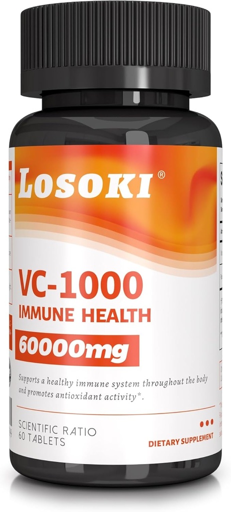 Losoki VC 1000 - Wysokodawkowe dodatki witaminy C do immunologicznego wsparcia i ochrony przeciwutleniaczy - Formuła buforowana proszkiem Rose HIPS - 60 tabletek