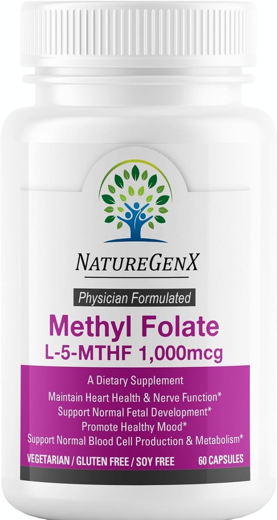 Metylofolian MTHRF Suplement - 1000 µg Bioaktywna witamina B9 (5- MTHF) - Wspiera Ciąża i zdrowie płodu - 60 Kapsułki - Bez glutenu
