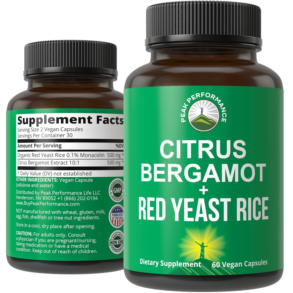 Citrus Bergamot + Red Yeast Rice. Wysoka wytrzymałość 10: 1 Bergamot Extract. Nie Gluten, Zero Sugar, Kapsułki wegańskie