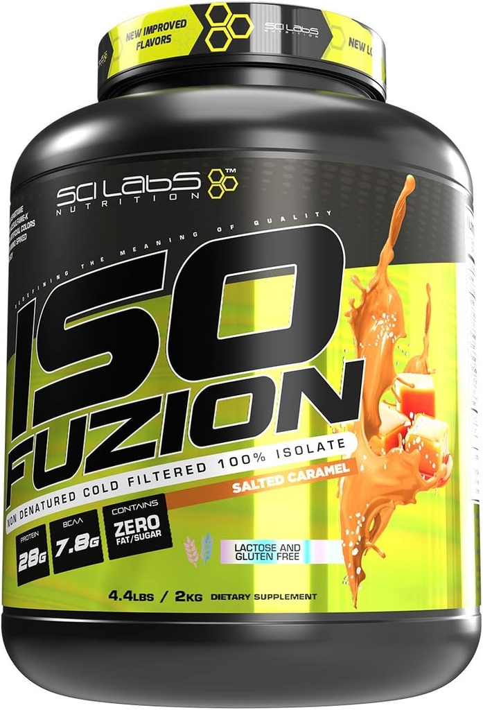 ISO FUZION 100% Izolat serwatki 124; 28g Proszek z niedenaturowanych białek, Sól karmelowa, 4,4lb