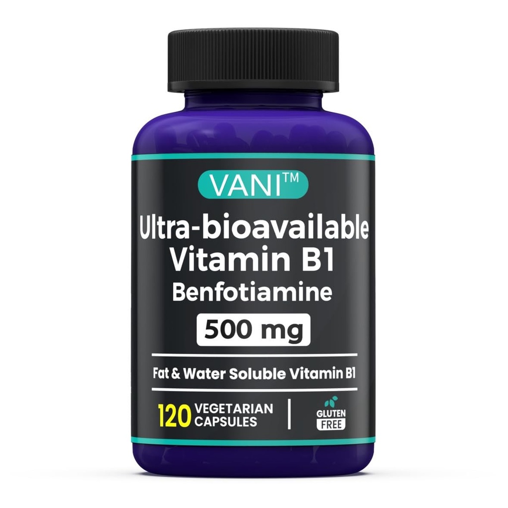 VANI 500MG Benfotiamina z B1, 5X Rozpuszczalny w tłuszczach i wodzie suplement Tiaminy B1 - Trzecia Tested, No gluten (120 kapsułki)