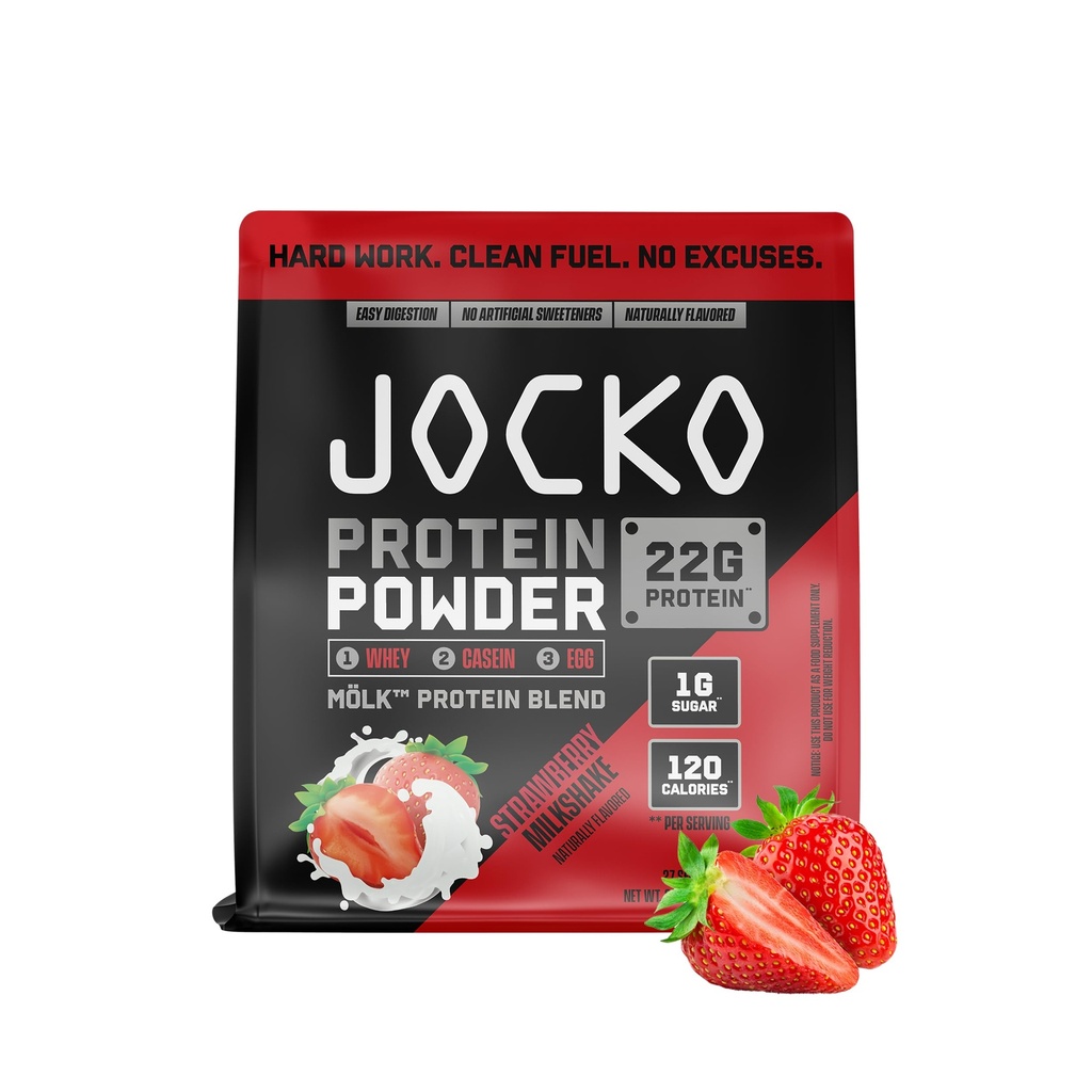 Jocko Paliwo Mölk Białko serwatki Proszek 22g Niski cukier Monk Fruit Mieszanka - Odzysk mięśni i wzrost, Opakowania maja Wary (27 Słupki, Truskawka Milkshake)