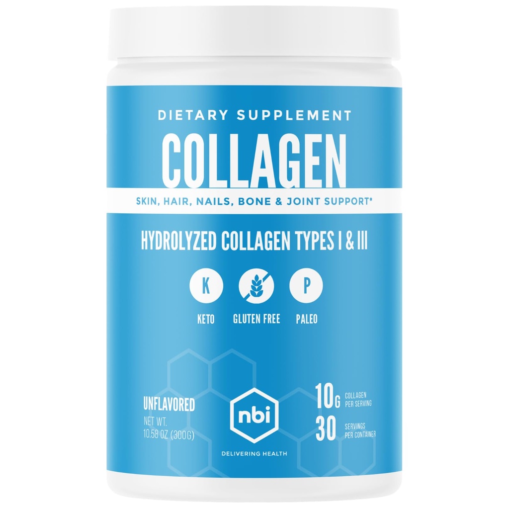 NBI Unflavored, Collagen Peptydes Powder, Paleo- i Keto Friendly, Typ I i III Zhydrolizowany Kolagen, Amino Acids Supplement, Dairy Free, Soy Free, Gluten Free