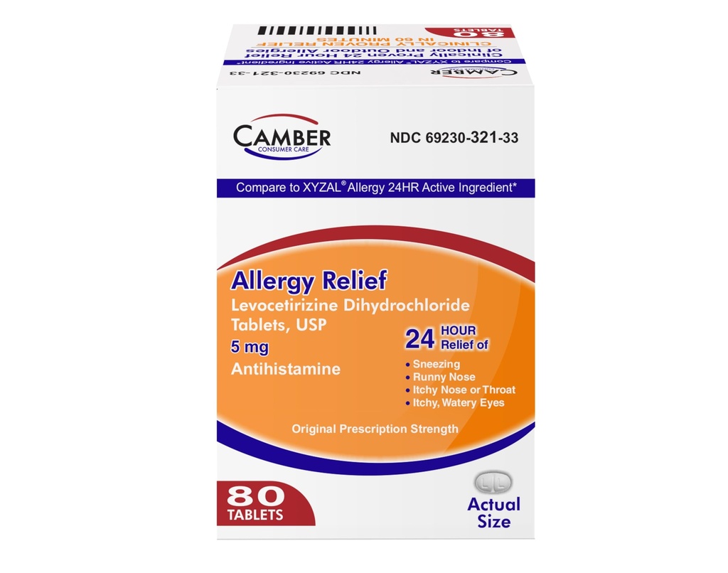Camber Consumer Care Levocetirizine Dichlorowodorek 5 mg tabletki przeciwhistaminowe, Porównaj z Xyzal Active Ingredient, Allergy Relief Medicine (80 Count)