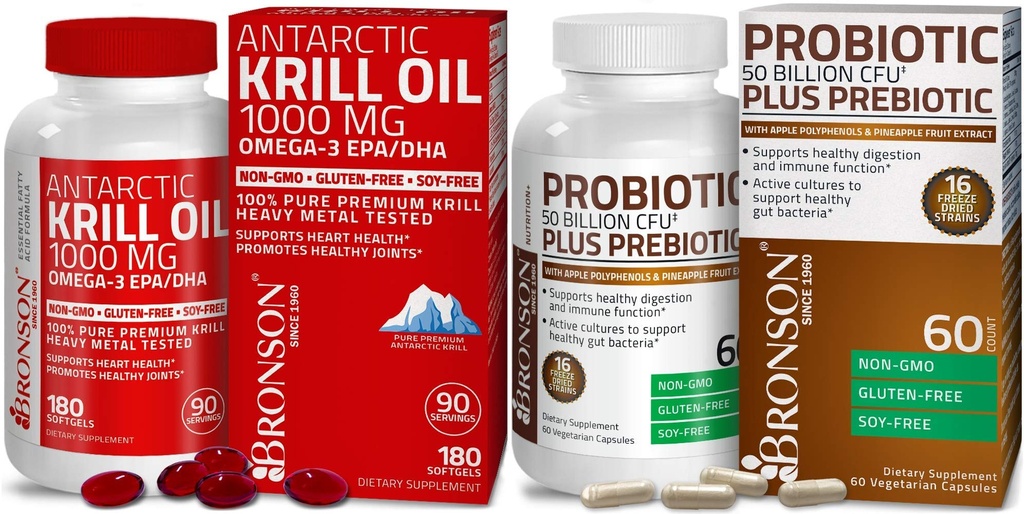 Bronson Probiotic 50 Milion CFU + Prebiotyk z Apple Polyphenols & Owoce ananasowe Ekstrakt kryla antarktycznego 1000 mg z Omega- 3 s EPA DHA