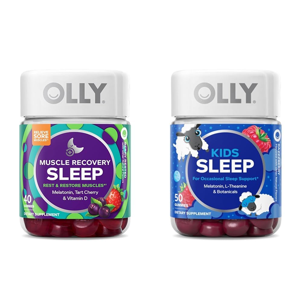 OLLY Muscle Recovery Sleep Gummies with Tart Cherry, 40 Count and Kids Sleep Gummy with Melatonin, Rumianek, 50 Count