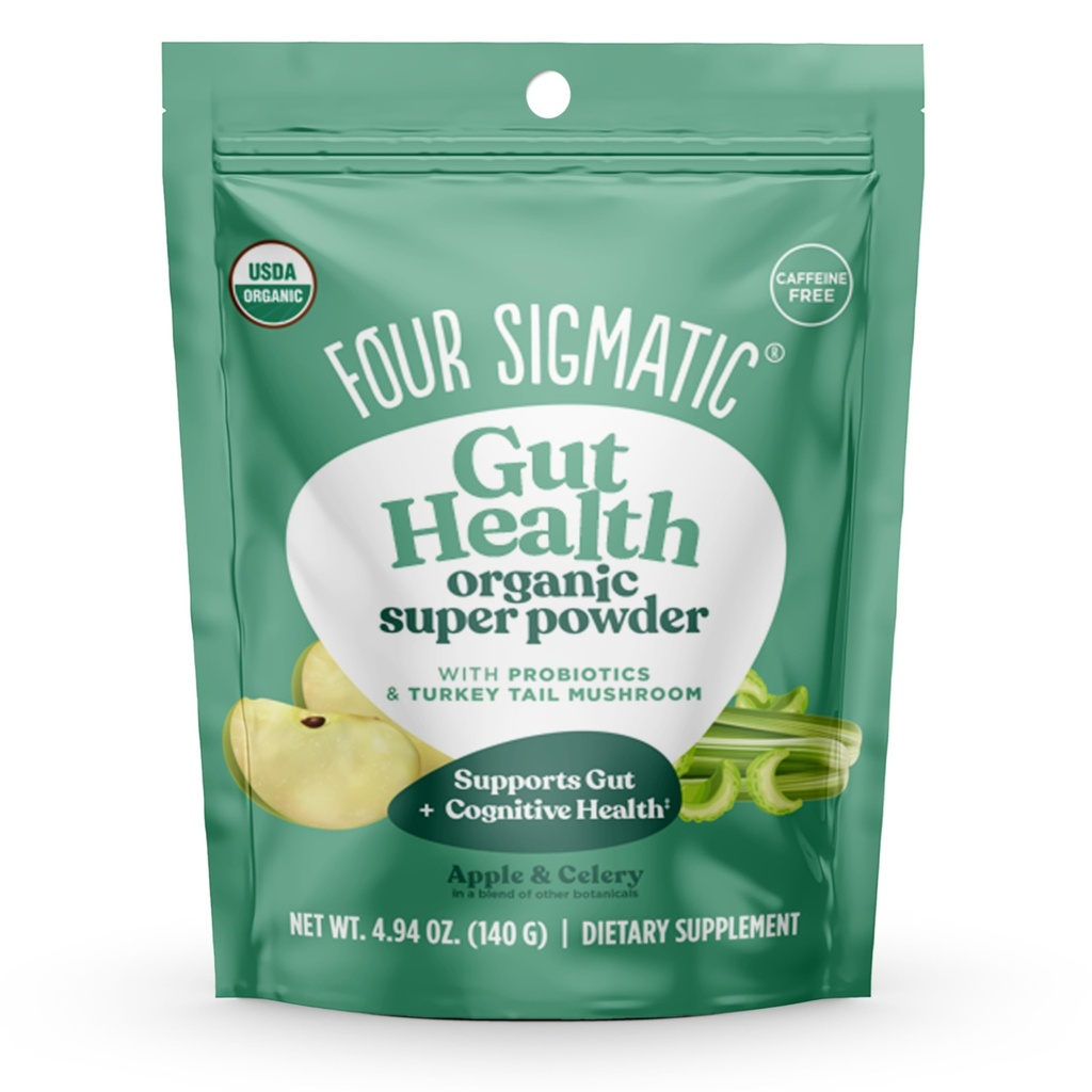 Czterech Sigmatic Organic Greens Proszek Pigment 124; Zielone Superfood Proszek z Probiotyki i Prebiotyki 124; Super Zielone z Moringa, Chaga & Turcja Ogon 124; (4.94 oz.)