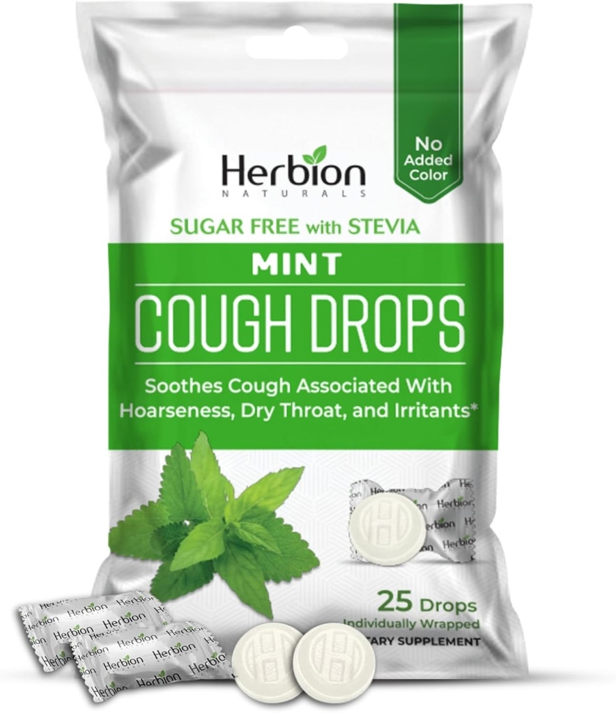 HERBION Naturals Kaszel Drops, Cugar- Free z Stewia, Suplement diety, Koszy Kaszel, dla dorosłych i dzieci powyżej 6 lat, 125 Krople (Opakowanie 5), Mięta