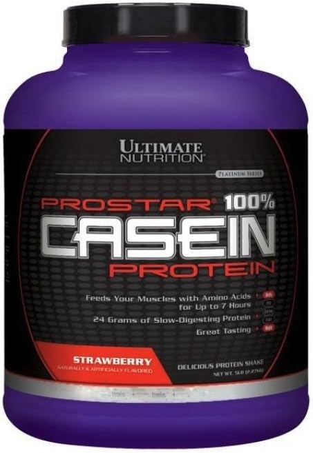 Ultimate Nutrition Prostar Micellar and Hydrolyzed Casein Protein Powder - Beztłuszczowy wzrost mięśni w ciągu nocy i odzysk z BCAA, 5 funtów, Truskawka