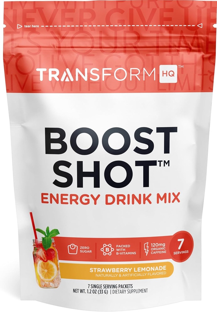 TransformHQ Boost proszkowy zestaw do napojów, Lemoniada truskawkowa, 7 opakowań, Suplementy energetyczne dla kobiet i mężczyzn, z kofeiną, Witamina B12, B9, B6 i B3
