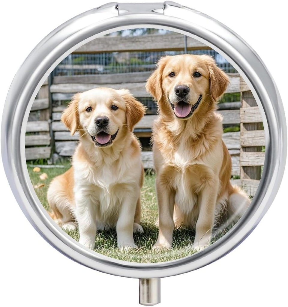 Okrągłe pióro Case 3 Kompleks Golden Retriever Psy Szczenięta Zwierzęta domowe Pudełko Mini Medicine Pill Organizator Przenośny Pillbox Travel for Pocket Purse Metal Pill Container for Vitamin Fish Oil Supplements
