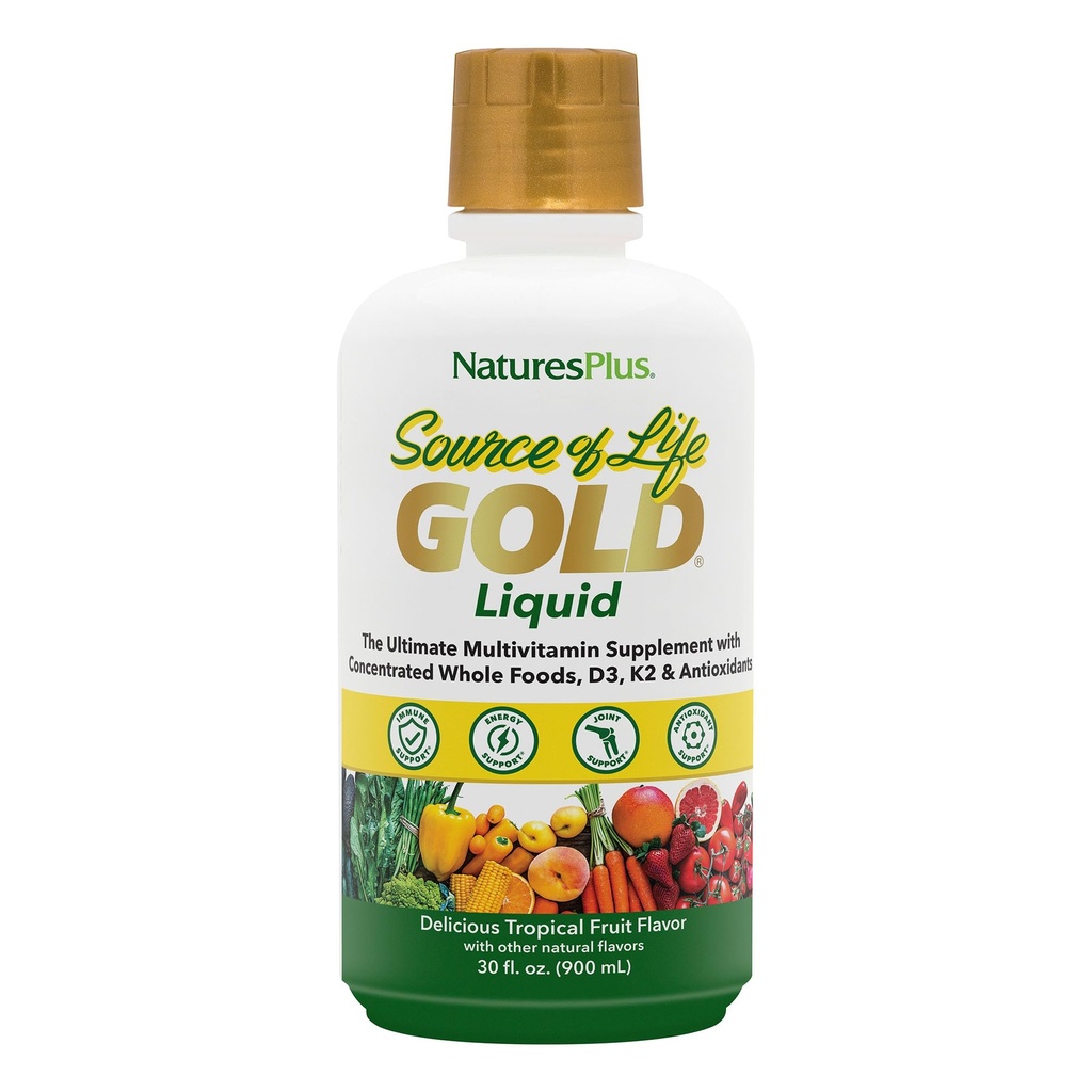 NaturesPlus Źródło życia Gold Multivitamin Liquid 30 oz Wspiera produkcję energii, Zdrowy system immunologiczny i Well-Being obejmuje witaminy D3, B12, K2 & Ponad 120 Całość żywności Nutricents - 30 Służenia
