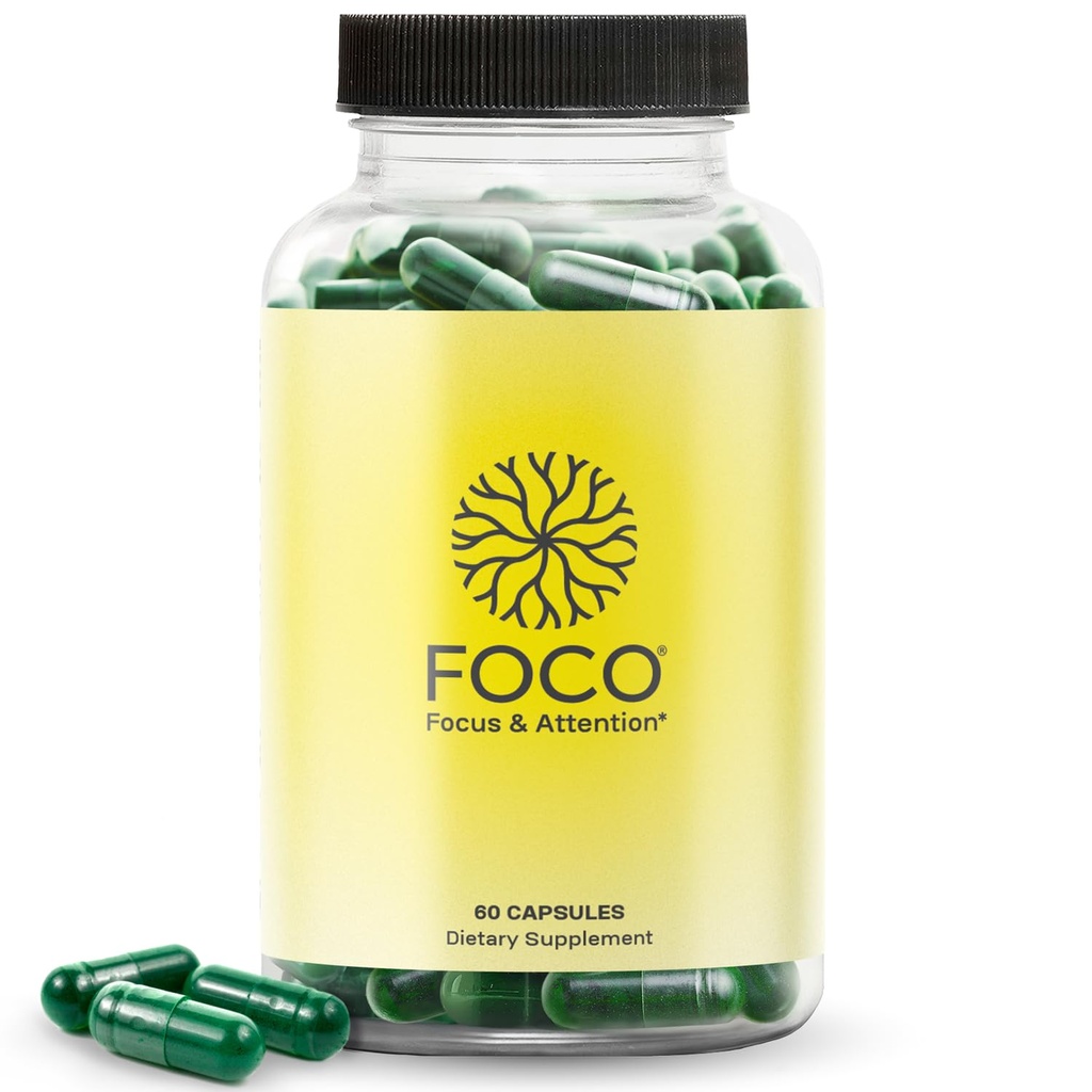 Pomyśl kapsułki FOCO (13 +) Natural Focus Supplement for Teens & Adult - Brain Nootropic for Concentration, Memory, Mental Clarity, Cognitive Enhancement Vitamin - Dodatek uwagi - 60 Kapsułki
