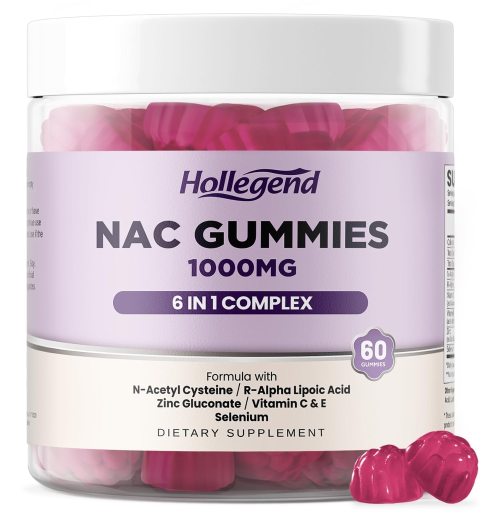 6 w 1 Gummies NAC, Chewable N Acetylocysteina 1000mg Suplement dla dzieci i dorosłych, z ALA, Cynk, Witamina C & E, Selen, Wsparcie przeciwutleniacz i system immunologiczny, Blueberry Flavor, Cukier wolny, 60 Ct