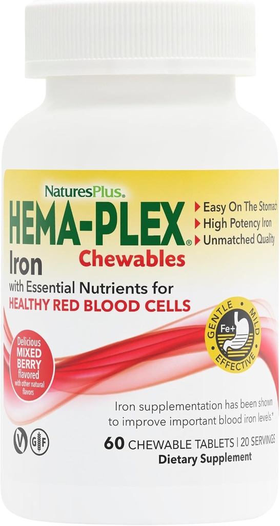 Natury Plus Hema- Plex Żelazo - 60 Mieszane Jagodowe Chewables - 85 mg Żelazo Elementalne - Total Blood Health - z Witaminą C & Bioflavonoids - Non-GMO, Wegan & Gluten Free - 20 Sługi