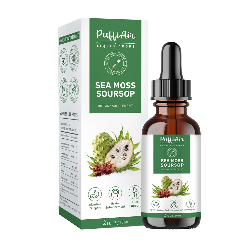 PUFFIAIR Soursop (Graviola) & Sea Moss Liquid Drop for Cell Support & Regeneration, Immune Boost, Relax, Wątroba i sen, Wyciąg ziołowy, Cukier / Gluten Free, Natural Flavor, 2 Fl Oz / 60ml