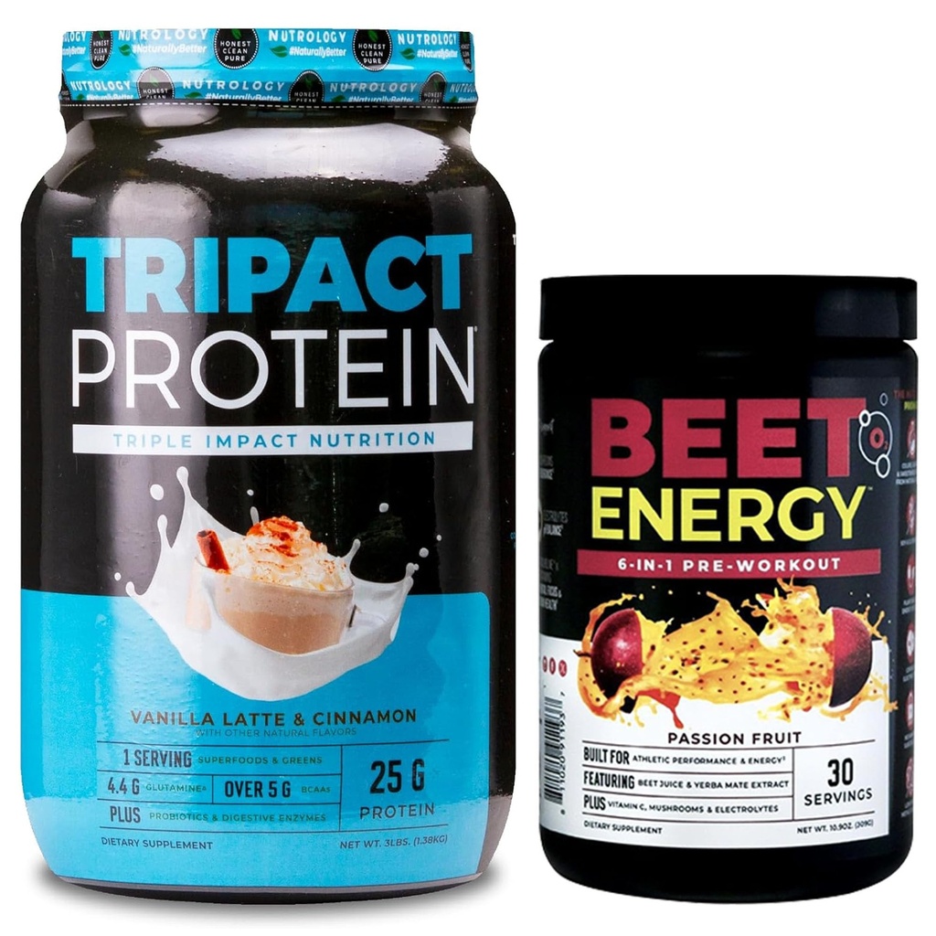 Nutrologia TRIPACT Białko w proszku, 7- in-1 Mieszane zastępcze shake, Vanilla Latte Cynamon Flavor (40 Servings) Burak naturalny O2, Wstępny trening w proszku, Passion Fruit Flavor (30 Servings)