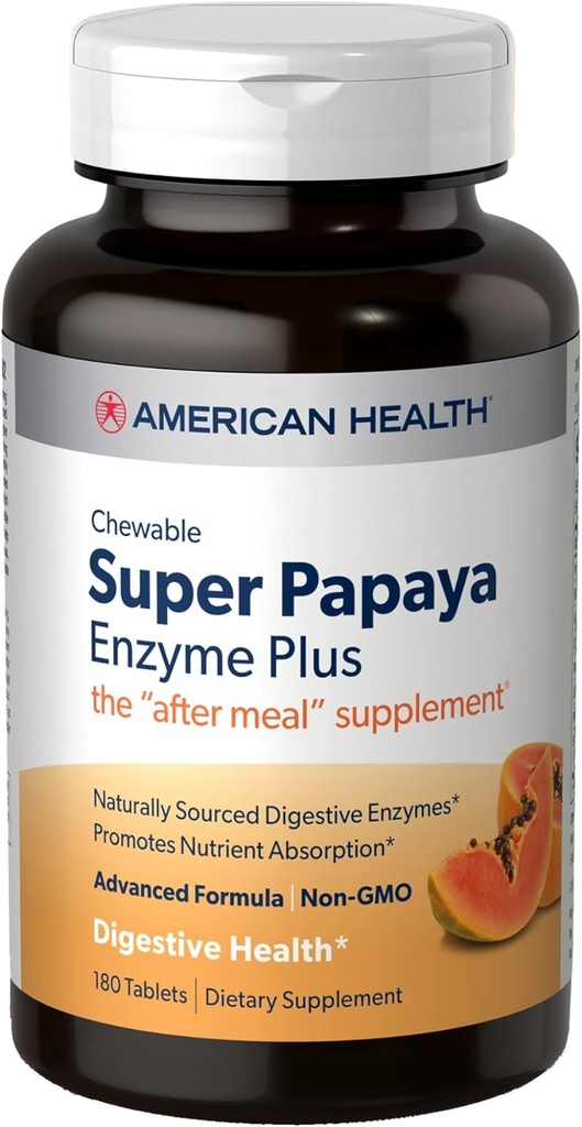 American Health Super Papaya Enzyme Plus - 180 tabletek do rozgryzania i żucia - Suplement po posiłku - Nie-GMO - 60 Servings