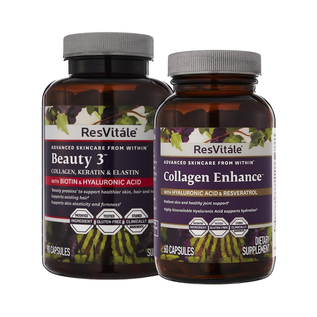 ResVitale Beauty 3 - Skin Care Supplement with Collagen, Keratin & Elastin - 90 Capsules & Collagen Enhance - Beauty Supplement with Hyaluronic Acid & Resveratrol - 60 Capsules