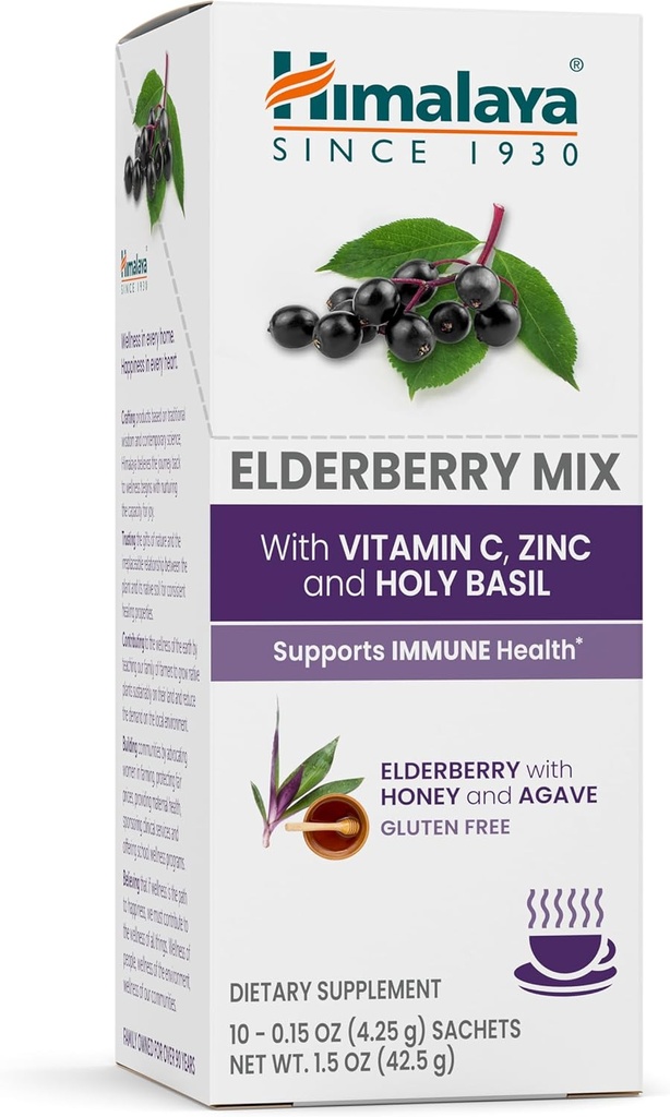 Himalaya Elderberry Mix, Suplement do mieszanki napojów, Wsparcie immunologiczne z Elderberry, Cynk, Witamina C i Święty Bazylia, Kofeina wolna, 10- 0,15 oz (4.3 g) Pakiety, Łatwe do wymieszania, Gluten wolny