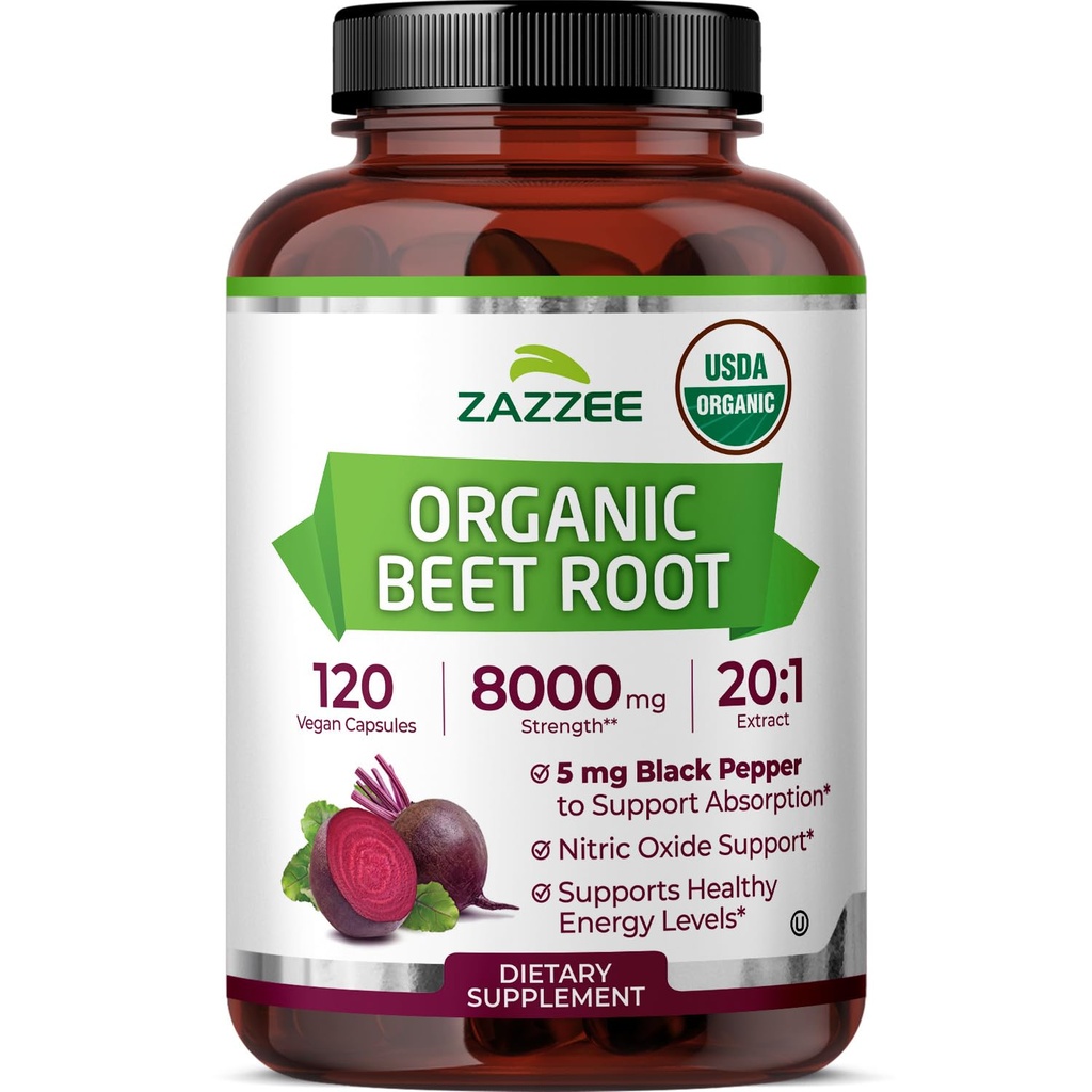 Zazzee USDA Organic Beet Root 8000 mg Siła 20: 1 Extract, 120 Vegan Quick Release Kapsułki, Black Pepper Extract for Enhanced Absorption, Wspiera produkcję tlenku azotu, Non-GMO, Made in USA