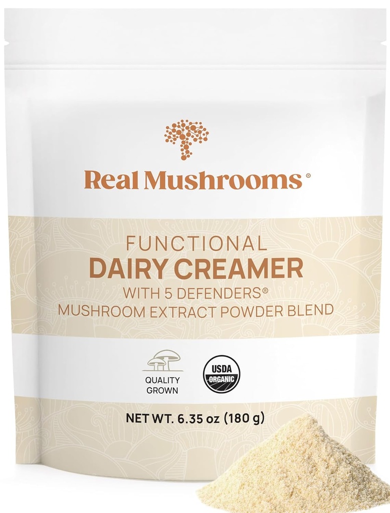 Real Mushrooms Funkcjonalny krem mleczny z ekstraktorami z grzybów - Sweetened z organicznym Lucuma & Maple Powder - Funkcjonalny krem organiczny - 90 Servings, Tea, Smoothie & Coffee Creamer Powder