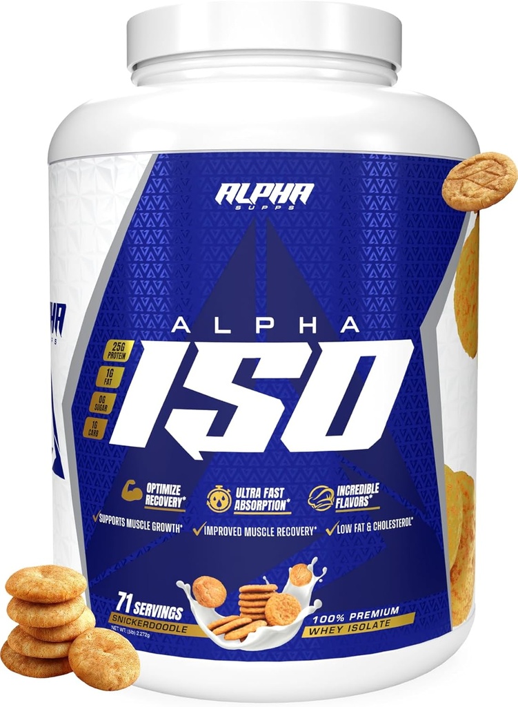 Alpha Supps ISO, Low Carb 100% Izolat białka serwatki w proszku, 25 Gramy na serwis, Pomaga wspierać wzrost mięśni, niski cukier i gluten wolny (Snicker Doodle, 5 lb)