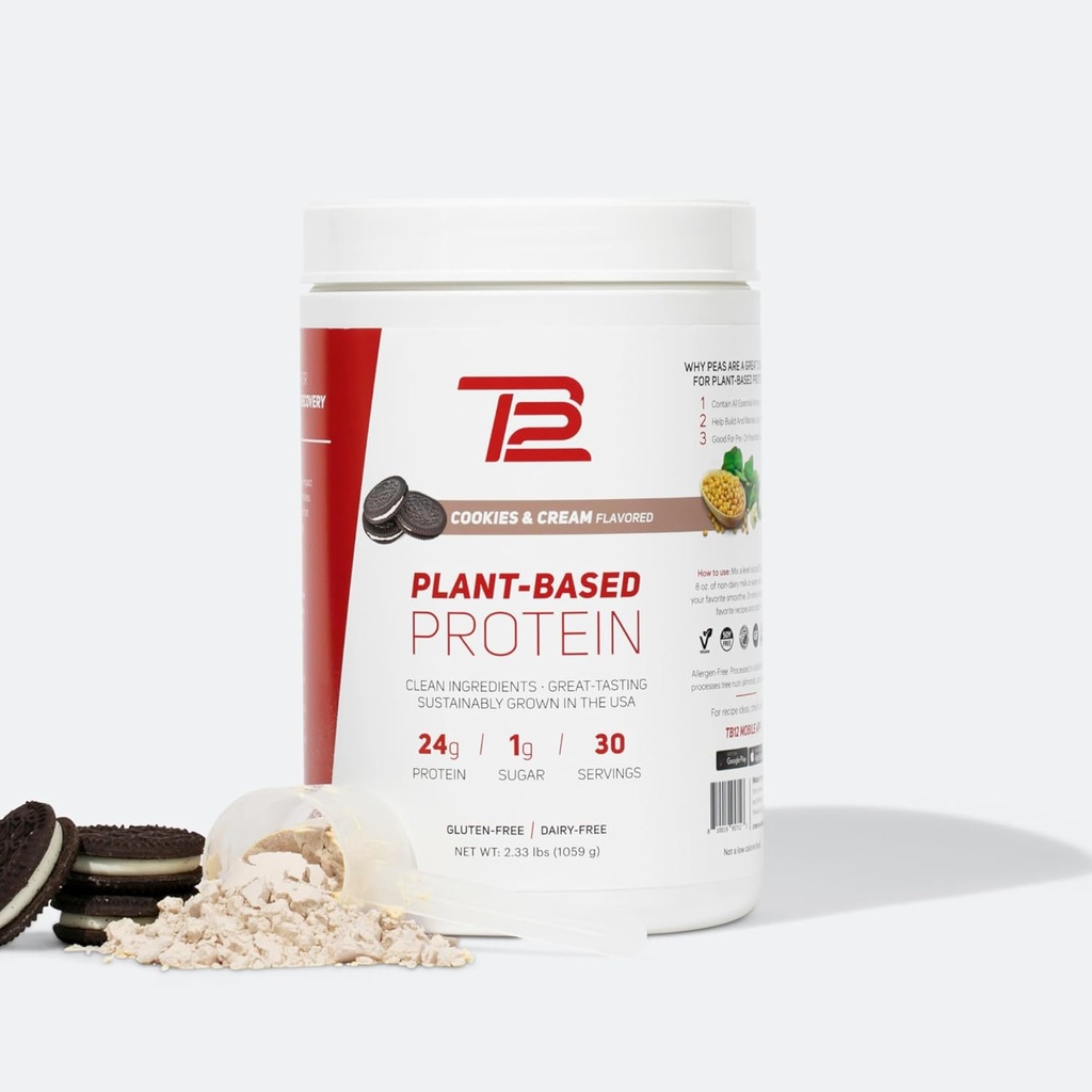 TB12 Plant Based Protein Powder by Tom Brady, 24 g Vegan Pea Protein, Low Sugar, Low Carb, Non-GMO, Meal Replacement, Keto Friendly, Paleo, Sugar Free, Cookies and Cream Flavor (30 Servings)