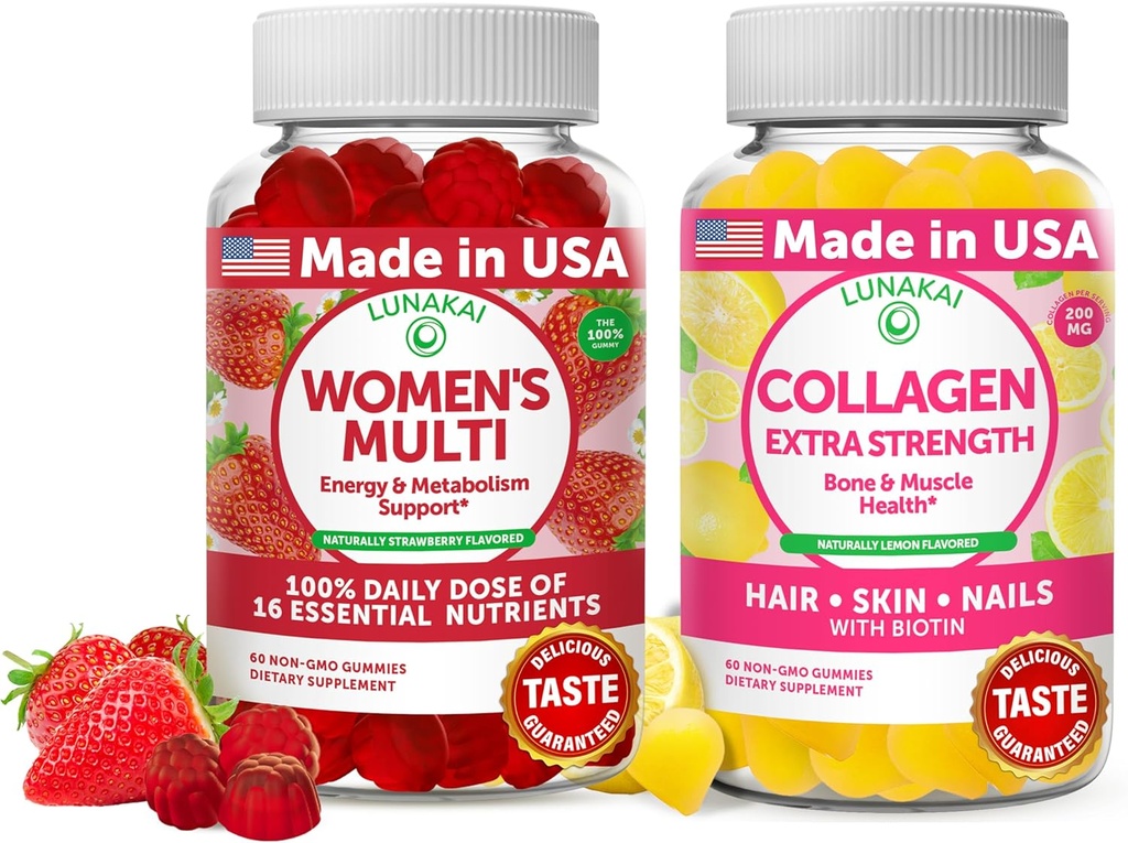 Lunakai Womens Multi and Collagen Gummies Combo - All-Natural Supplements, Gluten-Free, No Corn Syrup 60 ct Collagen and 60 ct Women's Multivitamin - 30-Day Supply
