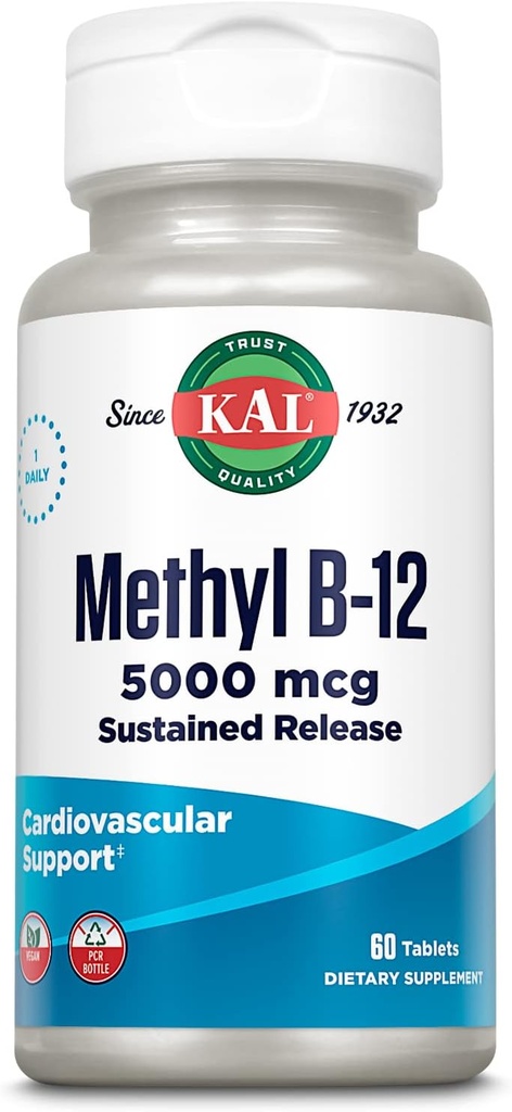 KAL Witamina B12 Metylokobalamina 5000mcg, Zdrowa Energia, Metabolizm, Nerwy i Czerwonej Krwinki Wsparcie, * Szybkie rozpuszczenie ActivMelts, Optymalne wchłanianie, Naturalny aromat malinowy, 90 Służenie, 90 Micro Tabs
