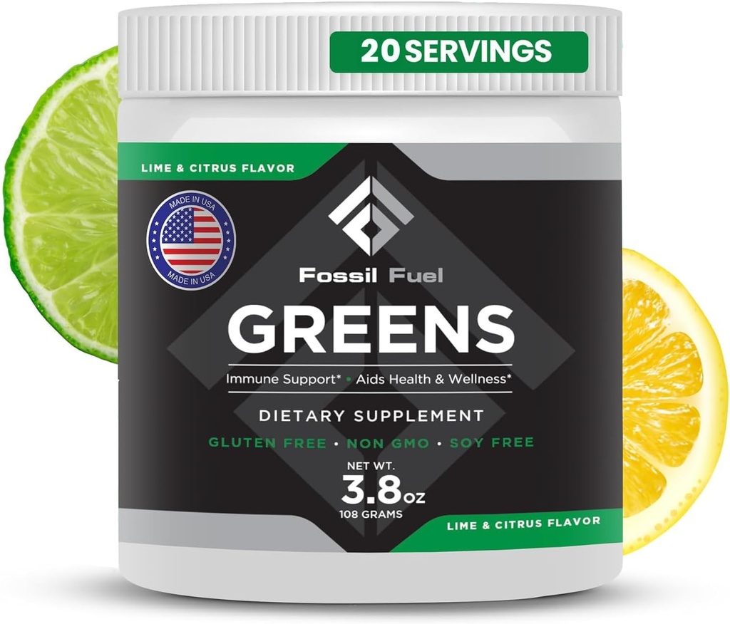 Fossil Paliwo Super Zielone Proszek Premium Superfood 124; 40 + Organiczne składniki odżywcze 124; Zielony Veggie Whole Foods, Wheatgrass, Spirulina, Kale for Energy, Gut Health, Detox Cleanse (20 Służenia)